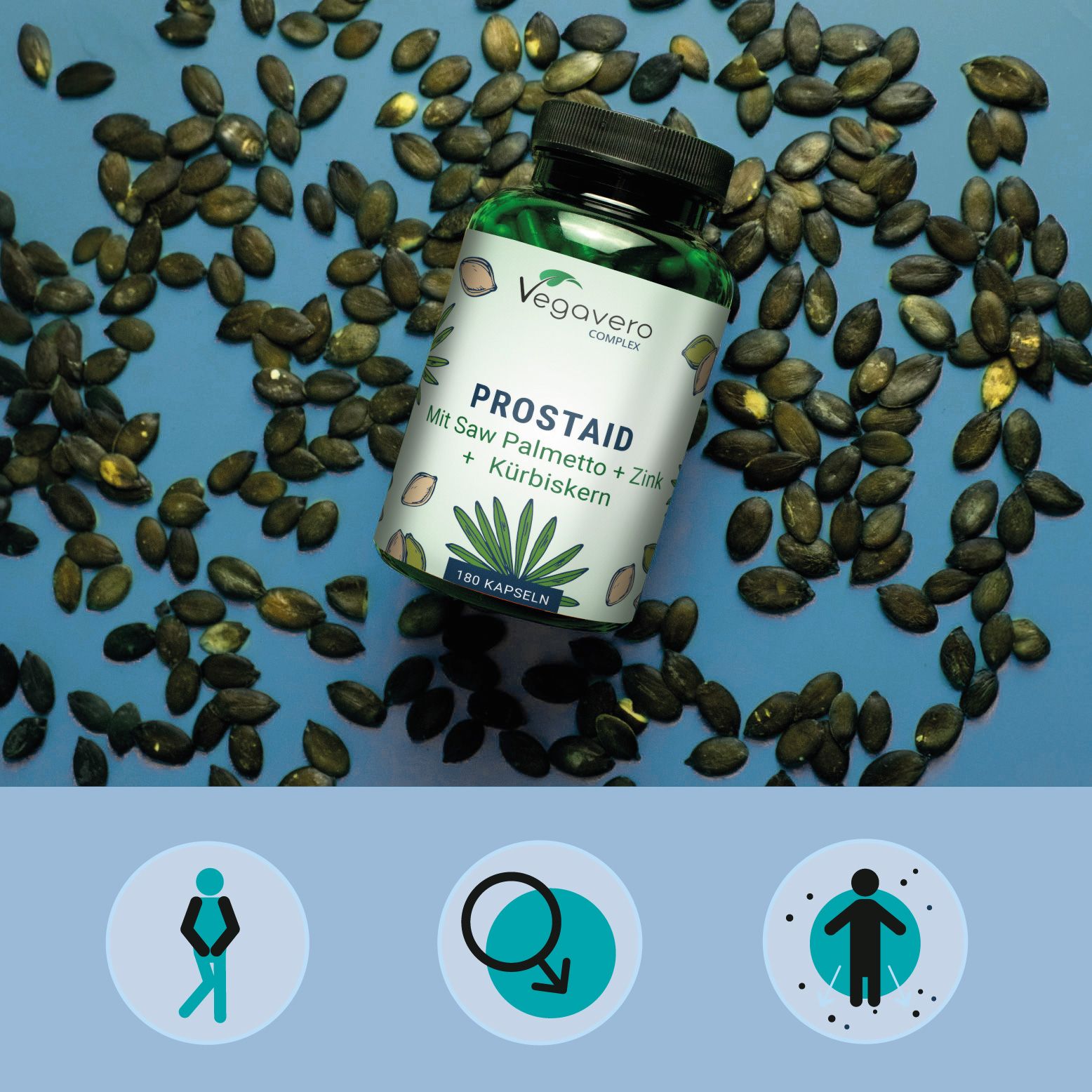 Grüne Flasche mit schwarzen Deckel auf Kürbiskernen. Aufschrift: VEGAVERO COMPLEX, PROSTAID, Mit Saw Palmetto + Zink + Kürbiskern. 180 Kapseln.
