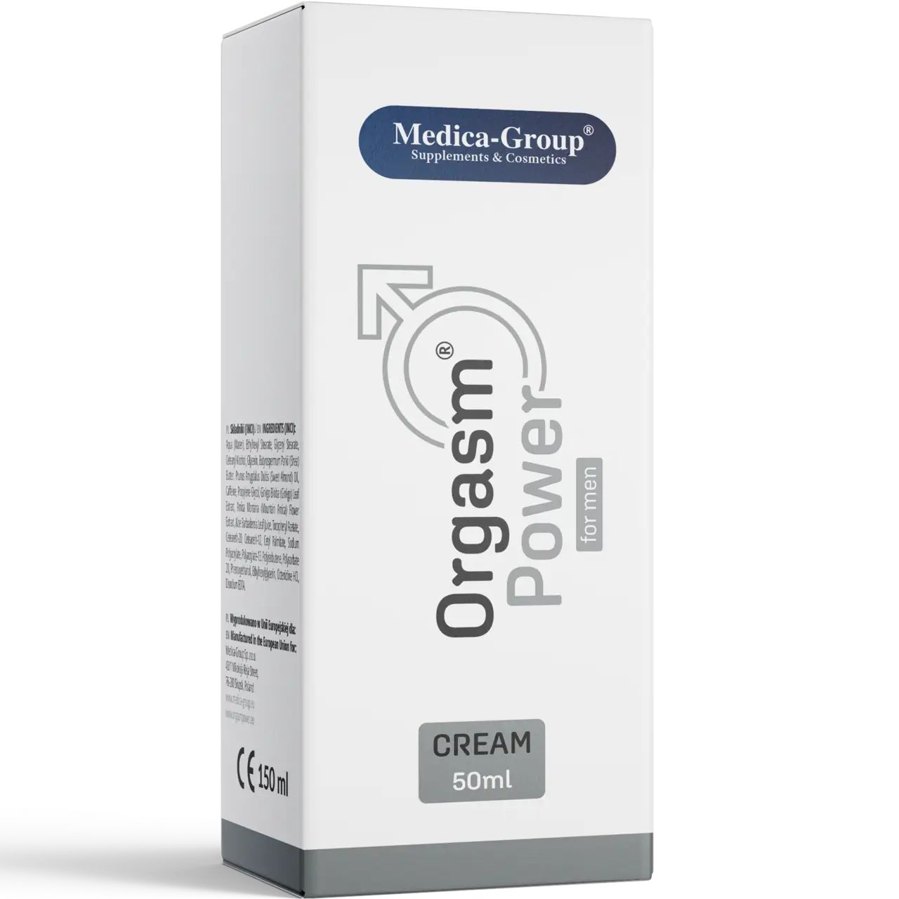 Weiße Produktverpackung mit Logo und Produktbezeichnung. Text: Orgasm Power for men Creme, 50ml. CE-Kennzeichnung.