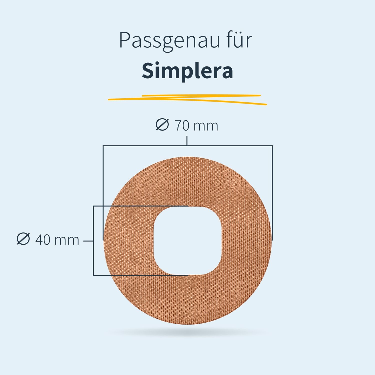 Rundes, beiges Pflaster mit quadratischer Aussparung. Durchmesser: 70 mm. Aussparung: 40 mm. Text: Passgenau für Simplera.