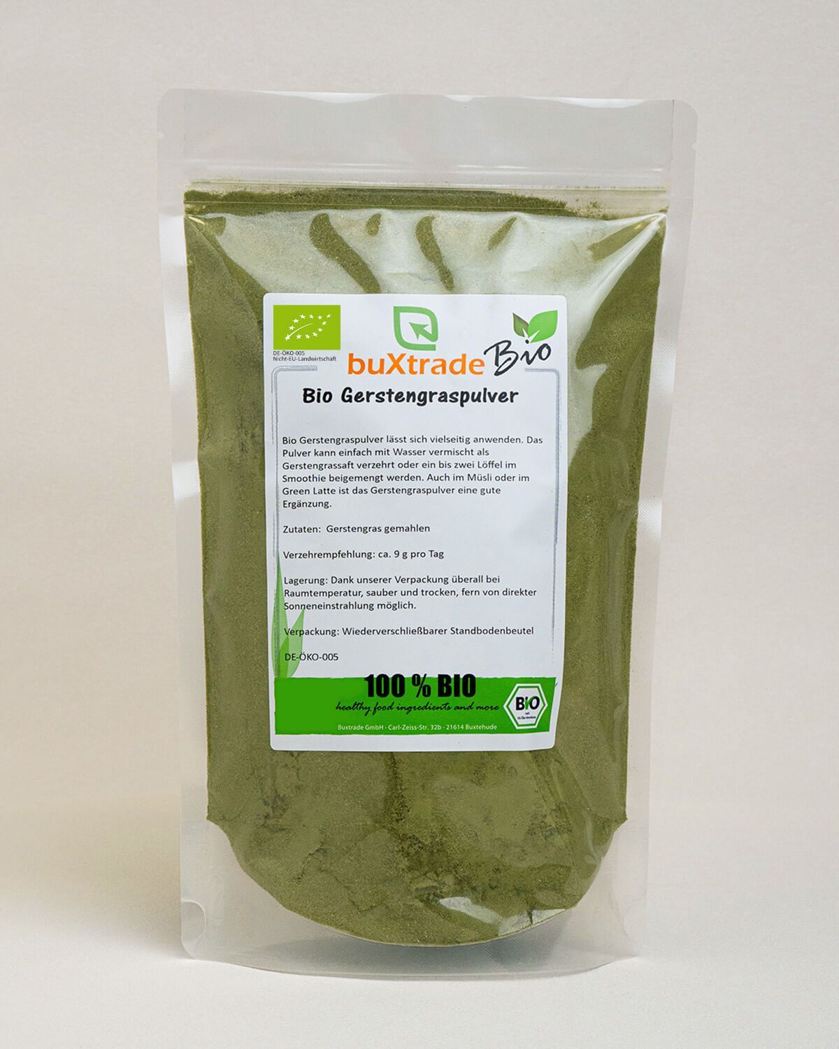Verpackung von Bio Gerstengraspulver mit Bio-Siegel und Produktinformationen.
