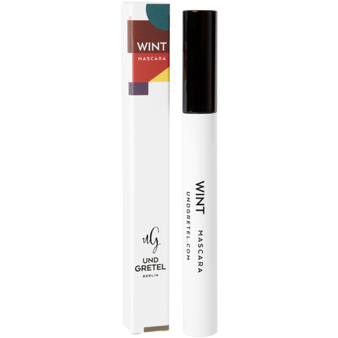 Mascara-Tube und Verpackung. Weißes Tube mit schwarzem Deckel. Verpackung mit Logo und Text: WINT, UND GRETEL, BERLIN, MASCARA.
