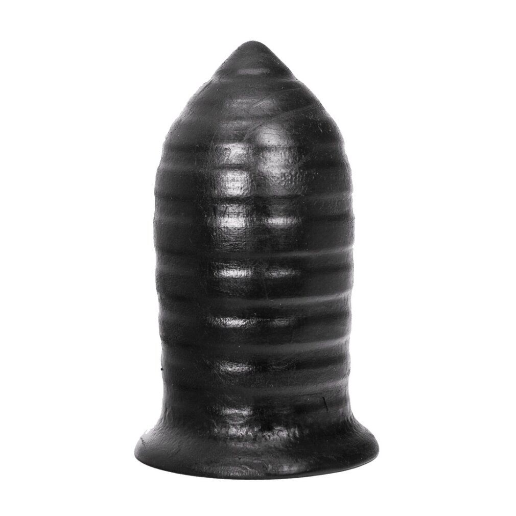 Schwarzer Buttplug mit Rillenmuster und breiter Basis.