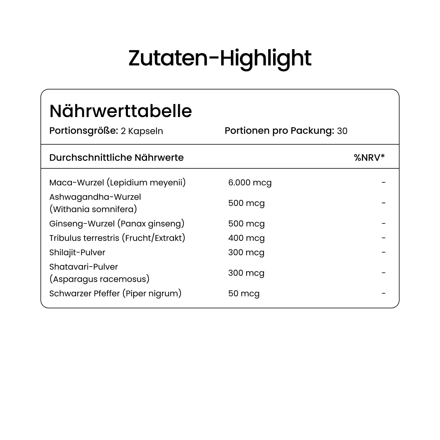 Nährwerttabelle mit Angaben zu Inhaltsstoffen wie Maca-Wurzel, Ashwagandha, Ginseng. Portionen pro Packung: 30.