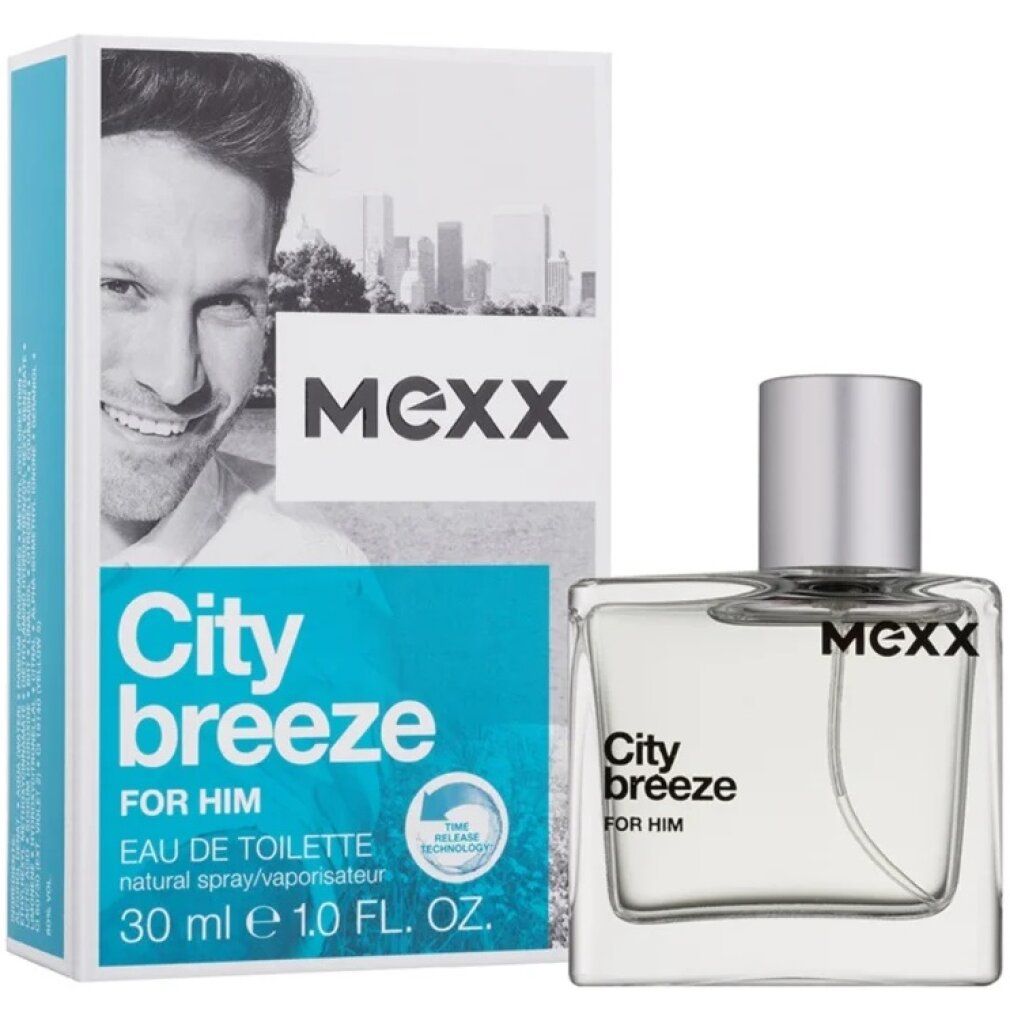 Mexx City Breeze For Him Eau de Toilette. Flakon und Verpackung. Flakon quadratisch, transparent. Verpackung mit Mann, Logo und Produktnamen.