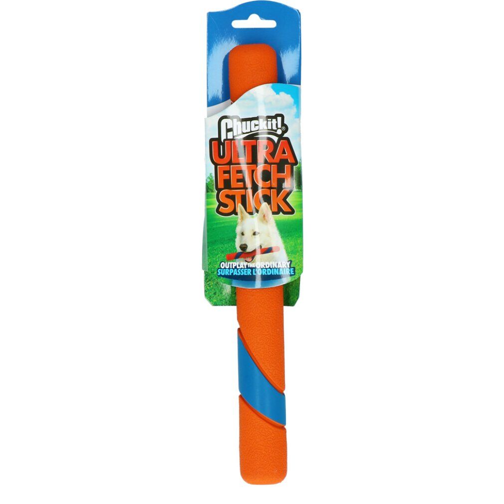 Verpackung mit orangefarbenem Fetch-Stick mit blauen Akzenten. Produktname: Ultra Fetch Stick.