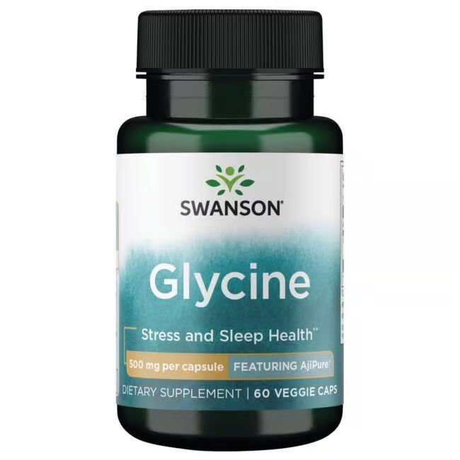 Dunkelgrüne Kapsel-Dose mit schwarzem Deckel. Aufschrift: SWANSON Glycine, 500 mg pro Kapsel, 60 Veggie Caps.
