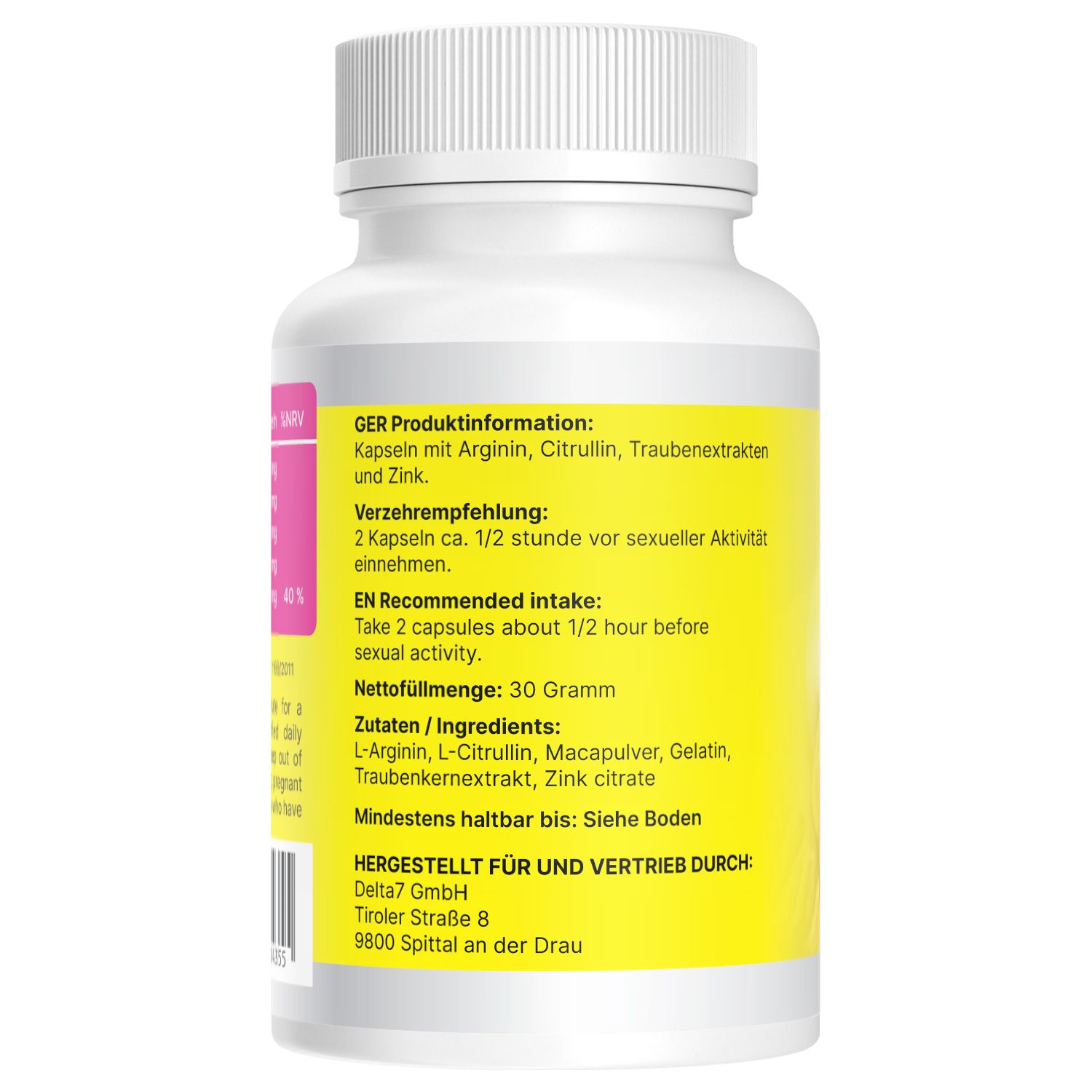 Rückseite einer Flasche Senixx 4 Men Arginin-Kapseln mit Produktinformationen und Inhaltsstoffen.