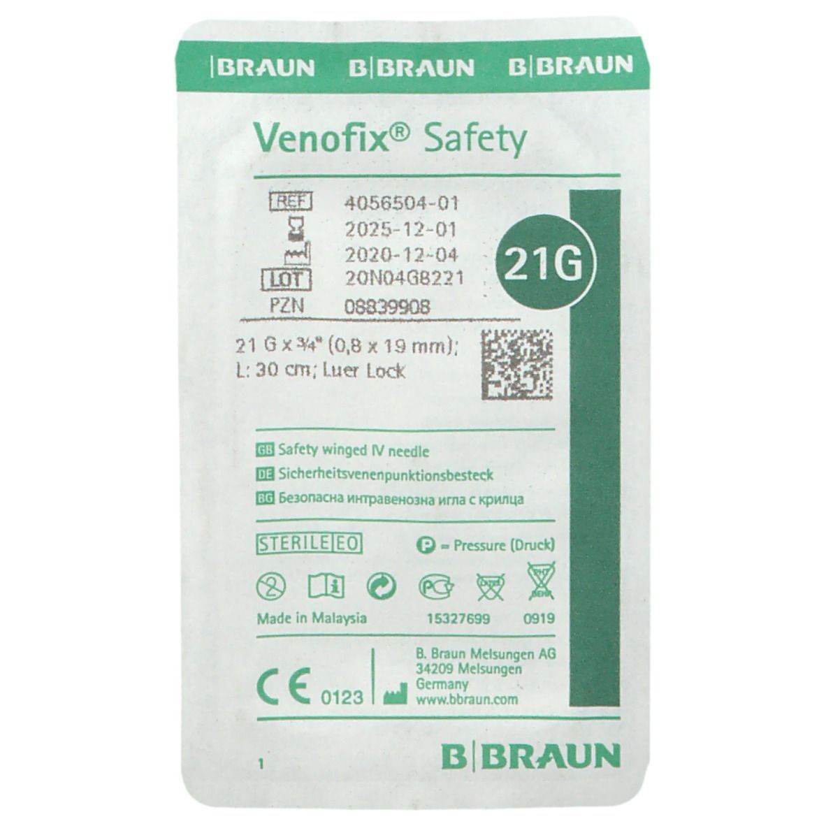 Venofix® Safety Venenpunkt 21 G 0,8x19 mm 30 cm grün