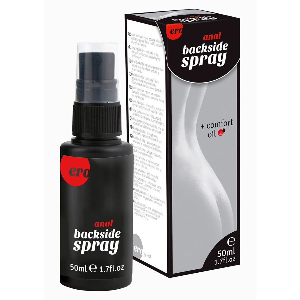 Schwarze Sprühflasche mit Ero Anal Backside Spray, 50ml. Daneben die Verpackung mit Gesäßabbildung.