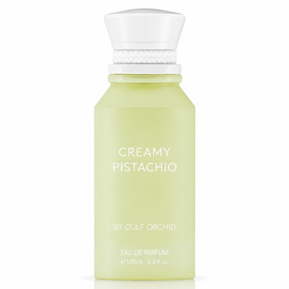 Helle grüne Flasche mit weißem Verschluss, Eau de Parfum "Creamy Pistachio" von Gulf Orchid.