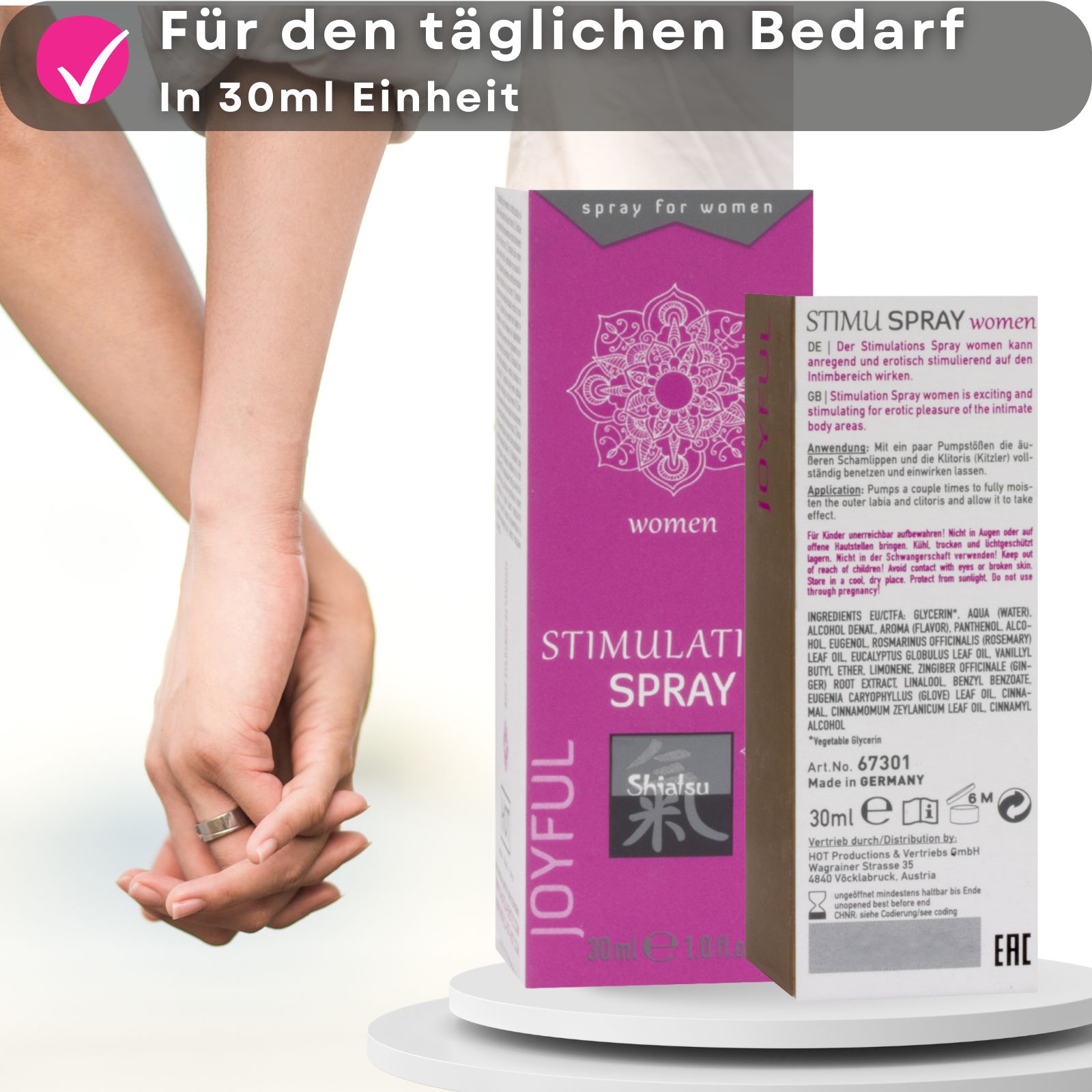 Goldfarbene Sprühflasche und Produktverpackung mit Text. Paar im Bett. Aufschrift: STIMULATION SPRAY, Shiatsu, 30 ml.