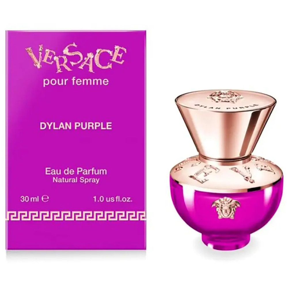 Versace Pour Femme Dylan Purple Eau de Parfum Spray. Lila Flakon und Verpackung. Goldfarbener Deckel. 30 ml.