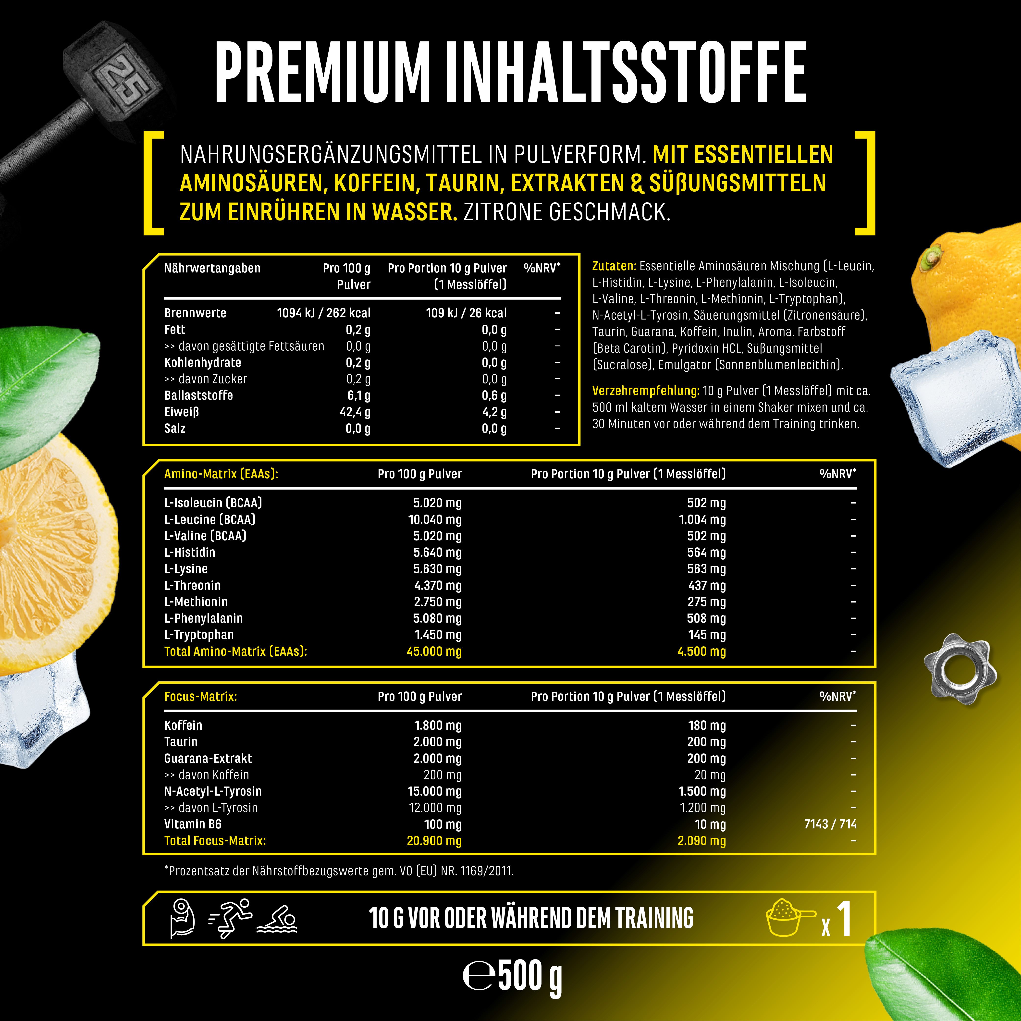 Nährwerttabelle für Energy EAA. Informationen zu Inhaltsstoffen, Aminosäuren, Koffein, Taurin, etc. Empfehlung: 10g vor oder während dem Training.