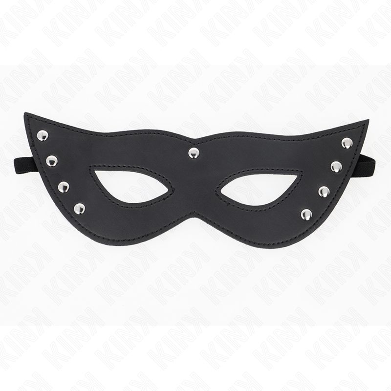 Schwarze Augenmaske mit Nieten und Gummiband. Lederoptik, zwei Augenöffnungen. Nieten entlang der oberen Kante.