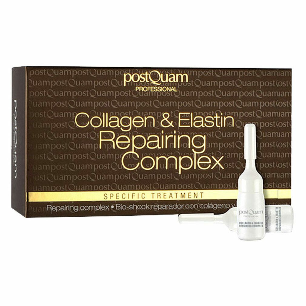 Braune Schachtel und Ampullen. Aufschrift: Collagen & Elastin Repairing Complex. Spezifische Behandlung.
