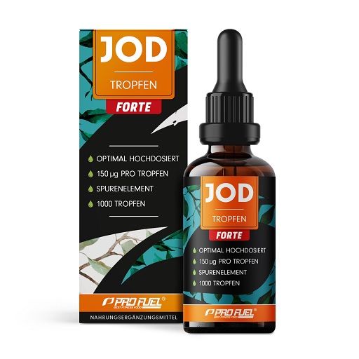 Braune Glasflasche mit Tropfer und Verpackung. Aufschrift: JOD Tropfen Forte. Grün-weiße Verpackung mit Produktinformationen.