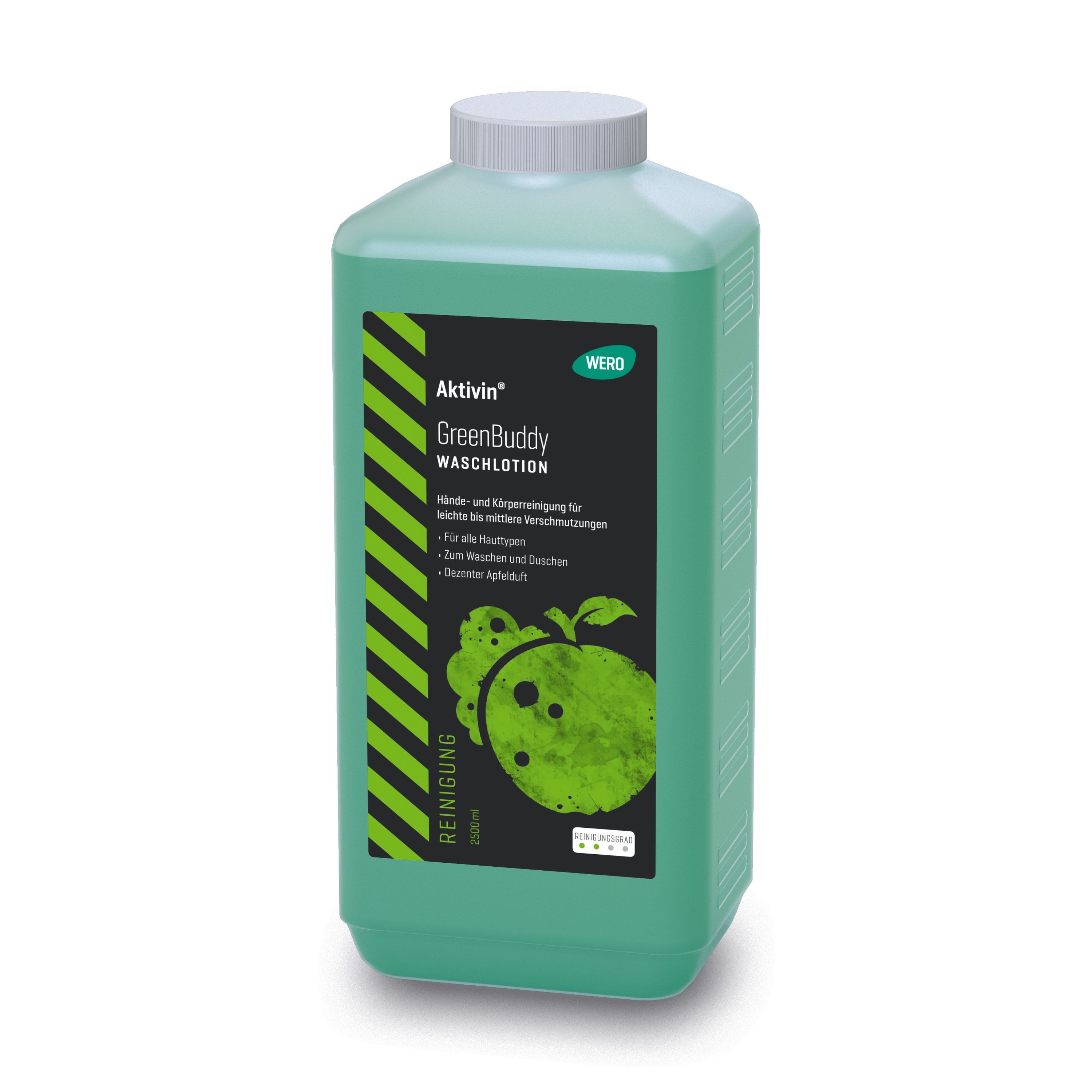 Grüne Flasche mit weißem Deckel. Aufkleber mit Produktnamen: Aktivin GreenBuddy Waschlotion. Apfel-Illustration.