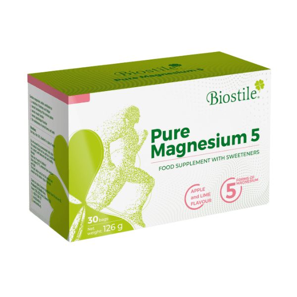 Biostile Pure Magnesium 5 Packung, 30 Sticks, Nahrungsergänzungsmittel mit Süßungsmitteln, Apfel-Limetten-Geschmack.