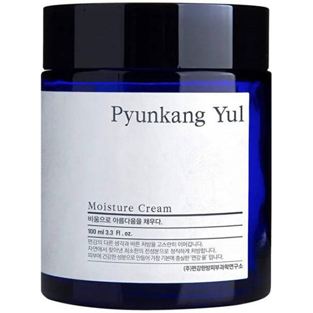 Pyunkang Yul Feuchtigkeitscreme, blauer Glasbehälter mit schwarzem Deckel und weißem Etikett.