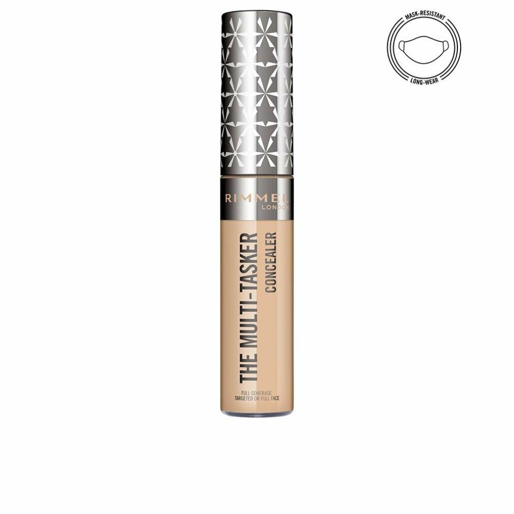 Concealer-Stift mit silberfarbenem Deckel. Aufschrift: THE MULTI-TASKER CONCEALER. Marke: Rimmel London. Farbton: 40 Ivory. Mit Masken-Symbol.