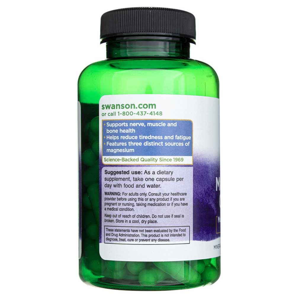 Rückseite einer Flasche Swanson Dreifach-Magnesium-Komplex 400 mg, mit Fokus auf Anwendungshinweise und Warnungen.