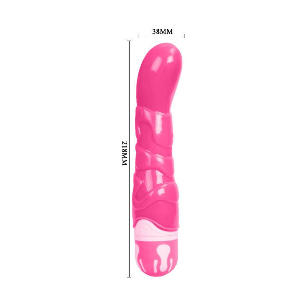 Pinkfarbener Vibrator mit wellenförmigem Schaft. Abmessungen: 218mm x 38mm.