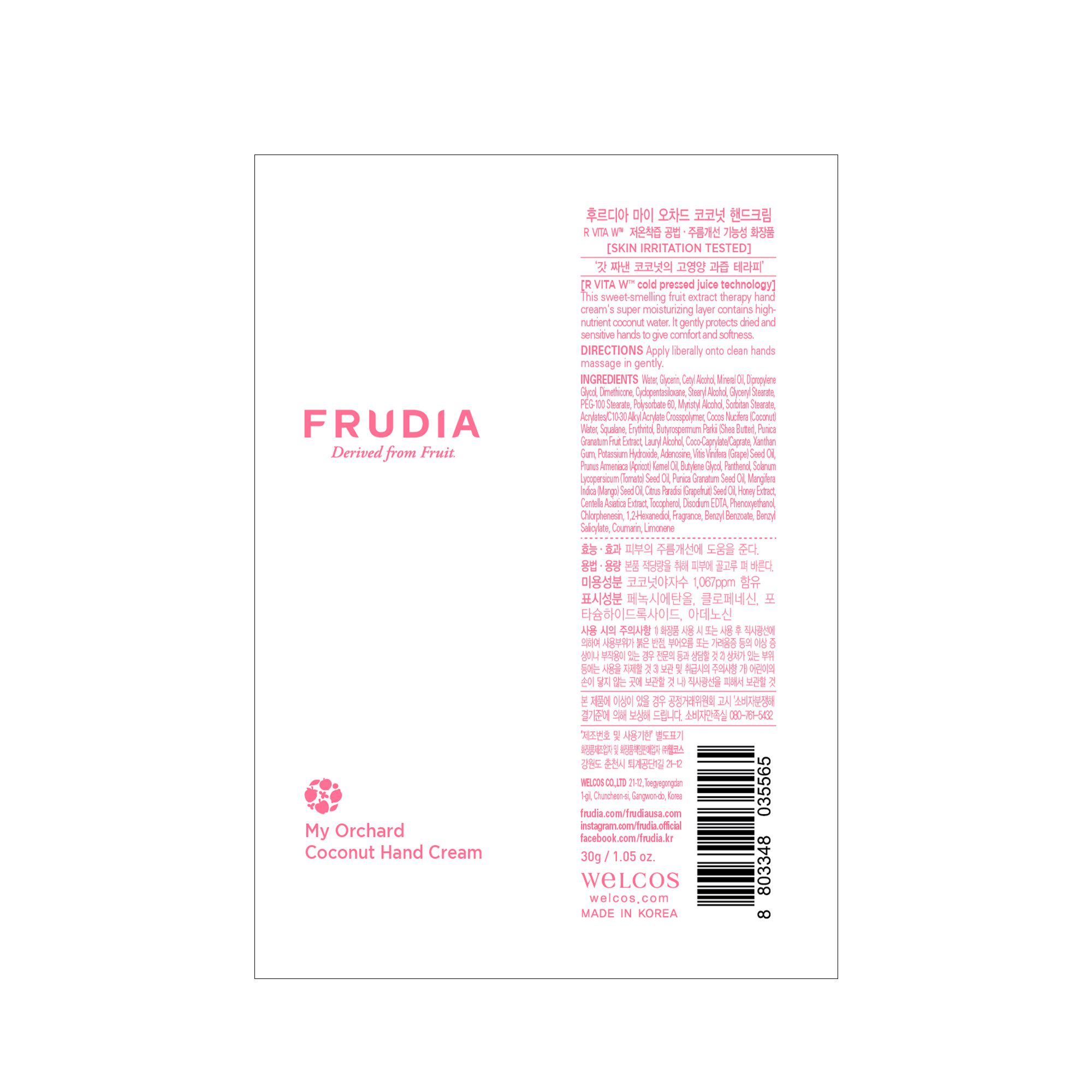 Weiße Verpackung mit rosa Text. Enthält Produktnamen, Inhaltsstoffe und Barcode. Marke: FRUDIA. Produkt: My Orchard Coconut Hand Cream.