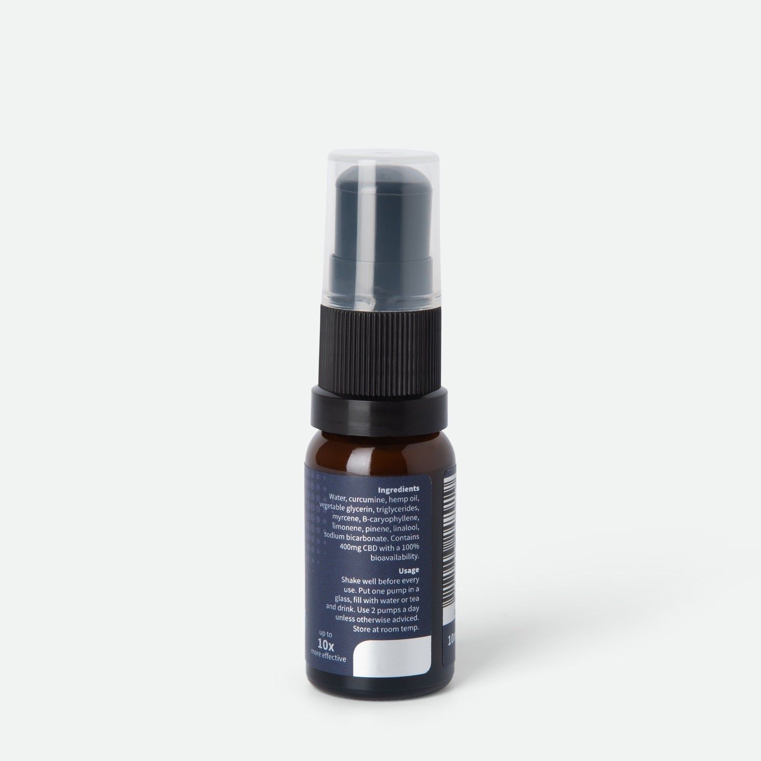 Braune Flasche mit schwarzem Sprühkopf. Rückseite mit Text und Inhaltsangaben. Weiße Schrift auf blauem Grund.