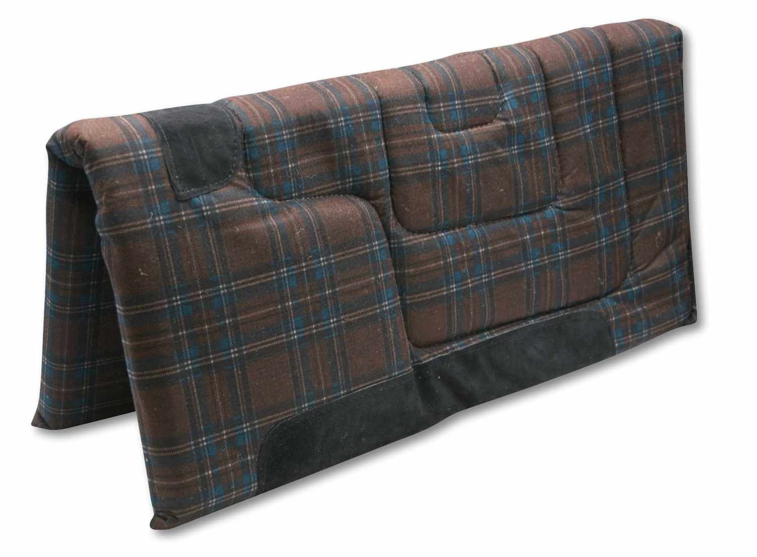 Western Pad Trascot Built Up. Braun-kariertes Pad mit schwarzen Verstärkungen. Eckige Form, gefaltet.