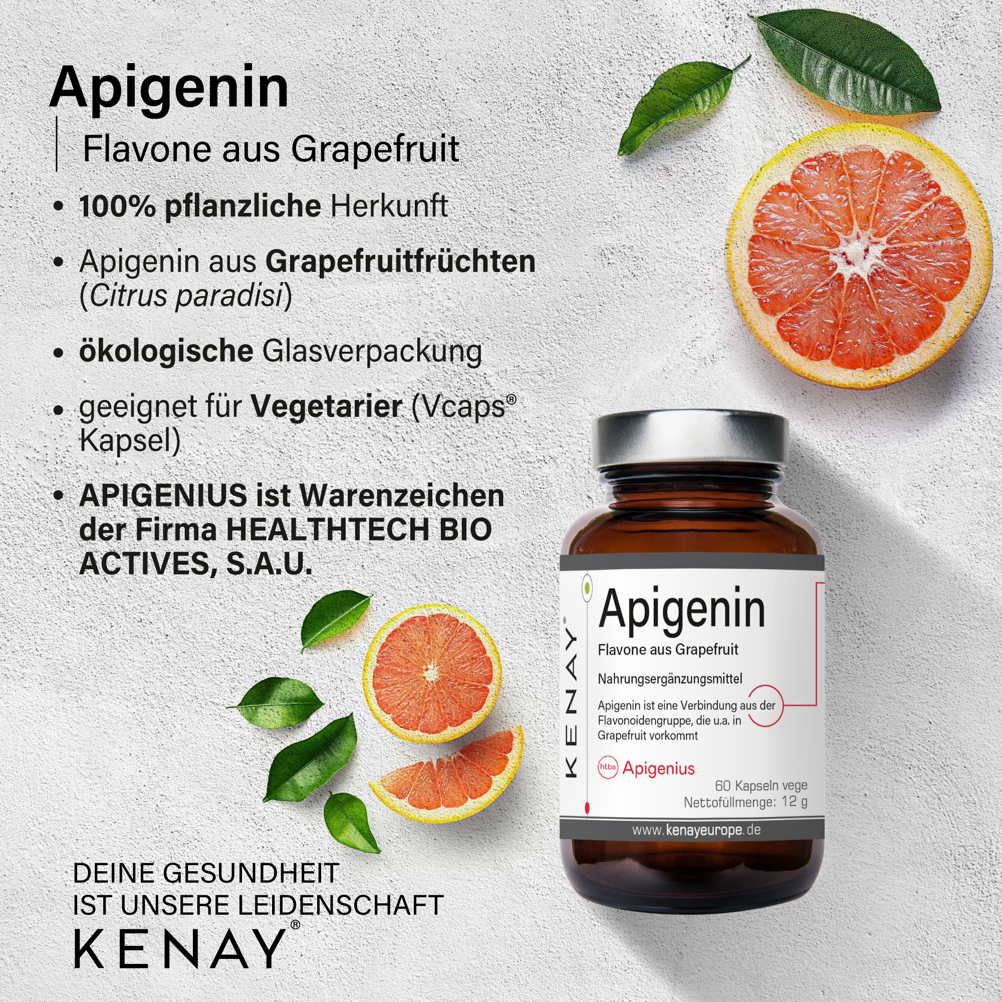 Produktabbildung mit Grapefruit-Hälften und Blättern. Text: Apigenin Flavone aus Grapefruit. 60 Kapseln. Marke: KENAY.