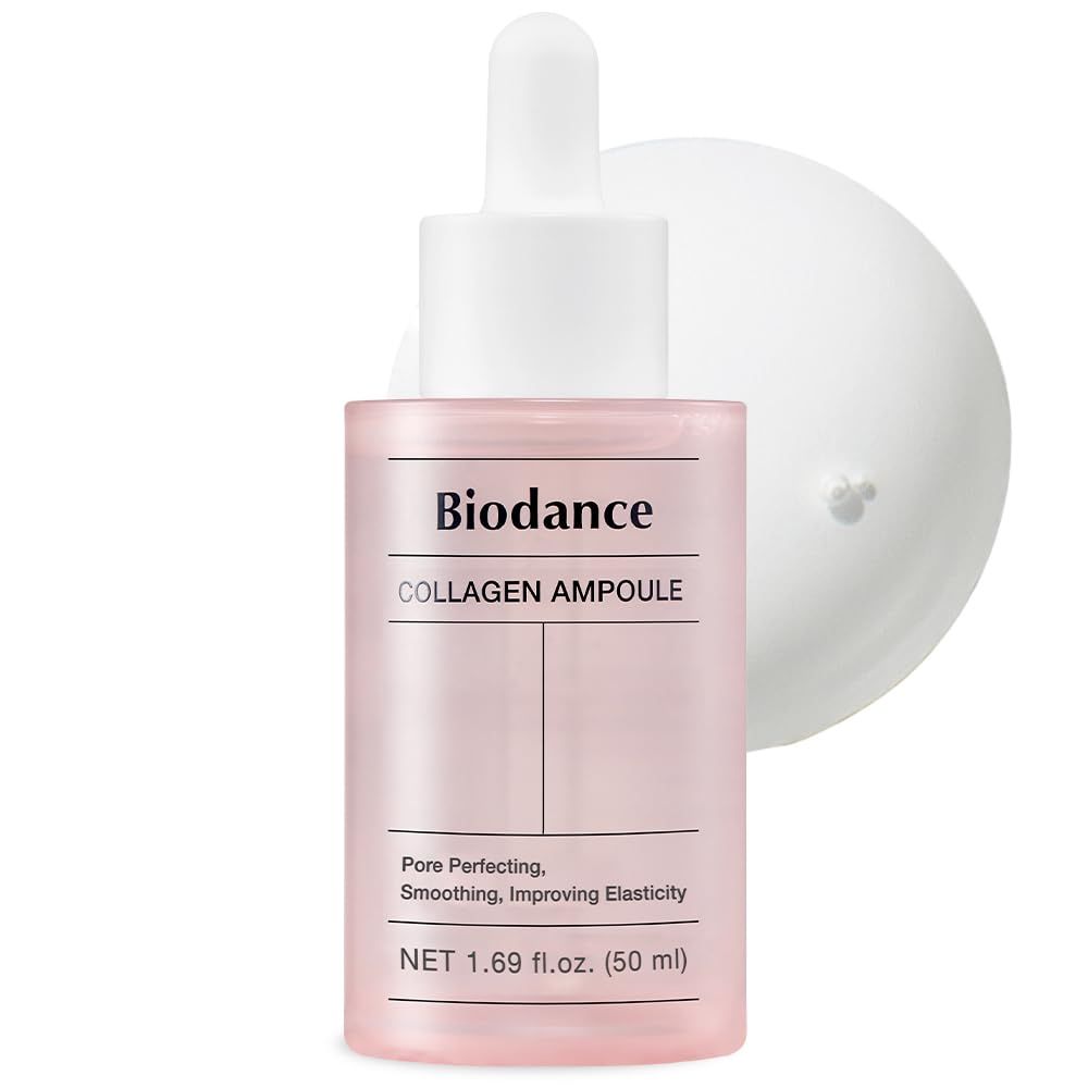 Rosa Flasche mit weißem Deckel. Aufschrift: Biodance COLLAGEN AMPOULE. Enthält 50 ml.
