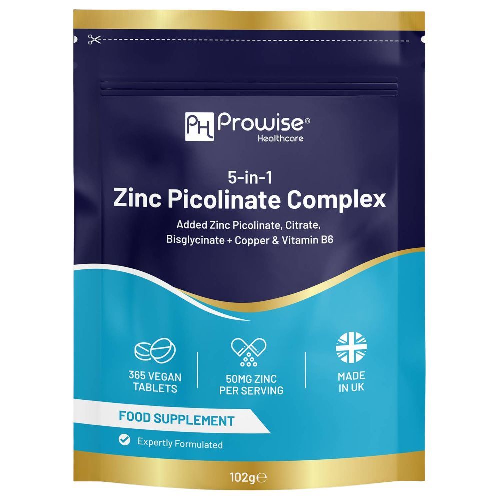 Beutel mit Prowise Healthcare 5-in-1 Zink Picolinate Complex. Enthält 365 vegane Tabletten, 50mg Zink pro Portion. Hergestellt in UK.