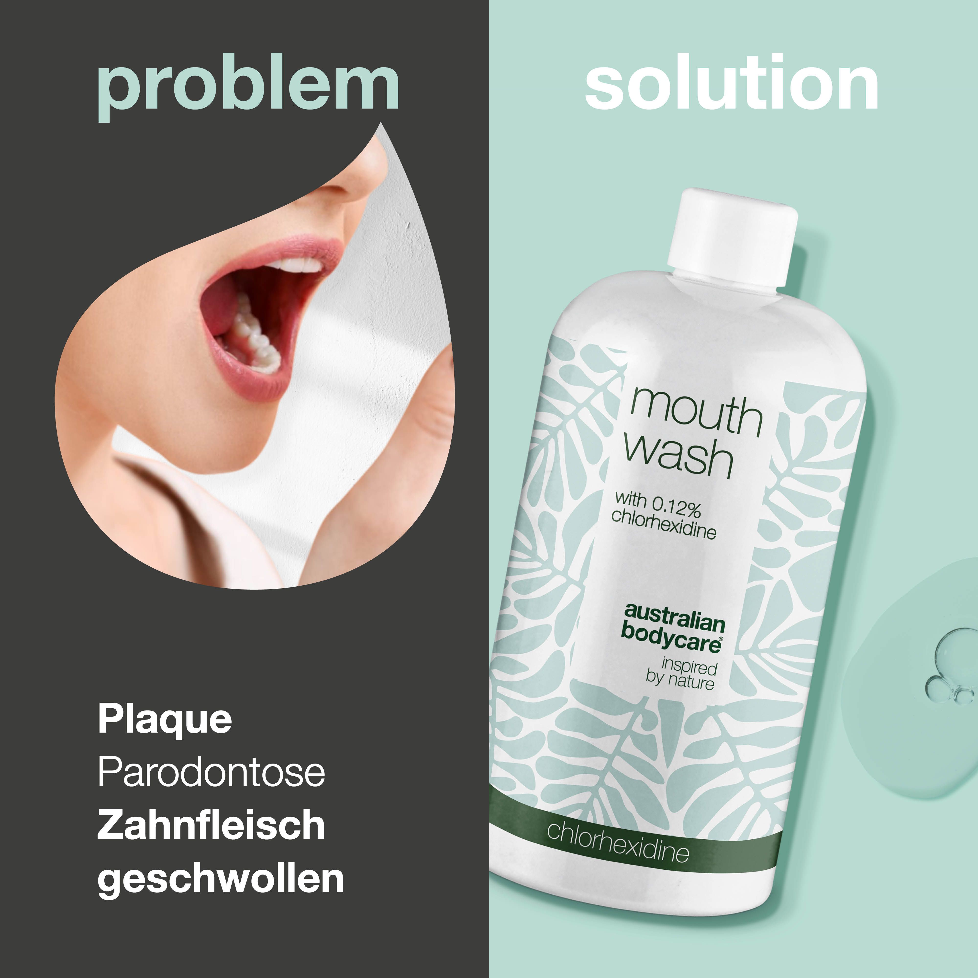 Produktflasche neben Mund mit Problemen. Text: Plaque, Parodontose, Zahnfleisch geschwollen. Australian Bodycare.