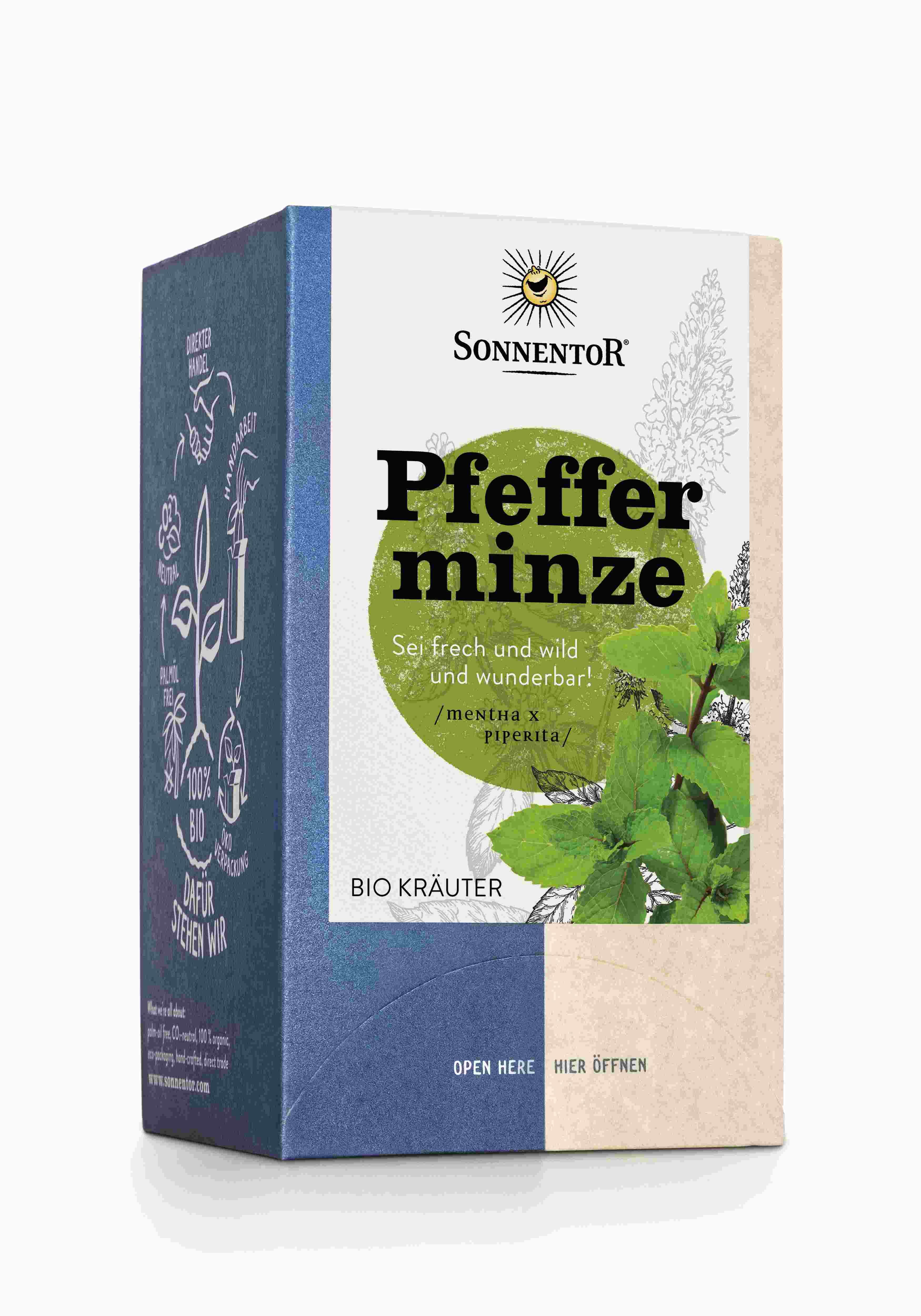 Karton SonnentoR Pfefferminze Bio-Kräuter. Text: Pfefferminze, Bio Kräuter. Logo: Sonne. Aufschrift: Sei frech und wild und wunderbar!