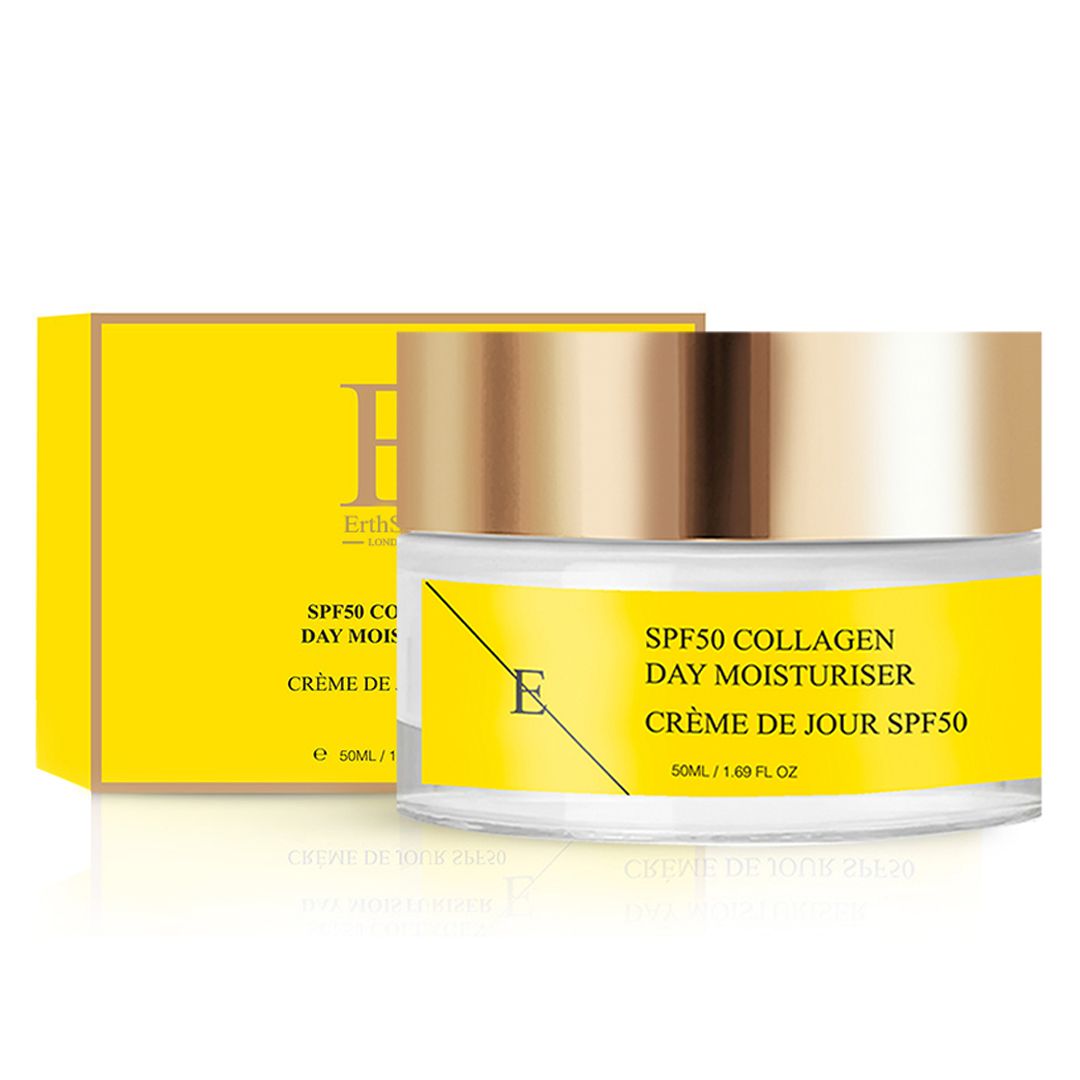 Creme-Glas und Schachtel. Gelbes Etikett mit Text: SPF50 Collagen Day Moisturiser, Crème de Jour SPF50. Aufschrift auf der Schachtel.