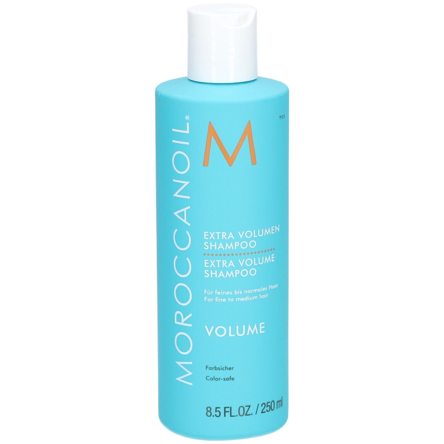 Türkisfarbene Flasche Moroccanoil Extra Volumen Shampoo mit weißem Klappdeckel. 250 ml.