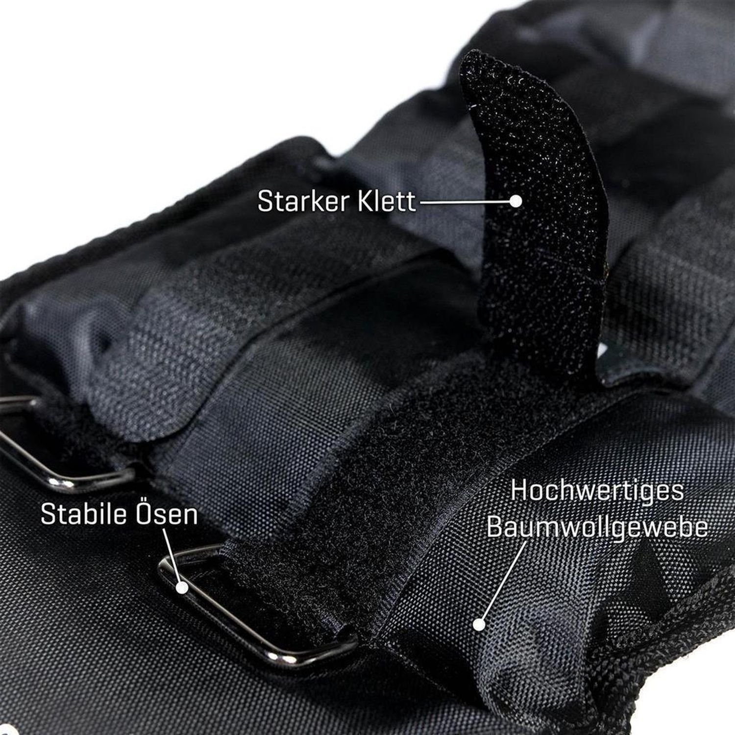 Schwarze Gewichtsmanschette mit Klettverschlüssen, Metallösen und Textilmaterial. Beschriftung "Starker Klett" und "Hochwertiges Baumwollgewebe".