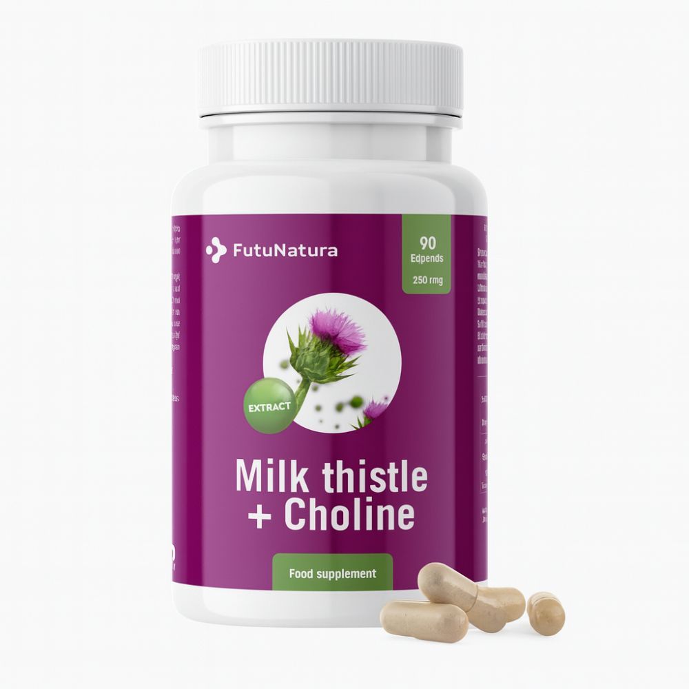 Weiße Flasche mit Kapseln. Aufschrift: Milk thistle + Choline. 90 Kapseln, 250 mg. FutuNatura Logo. Mariendistel-Extrakt.