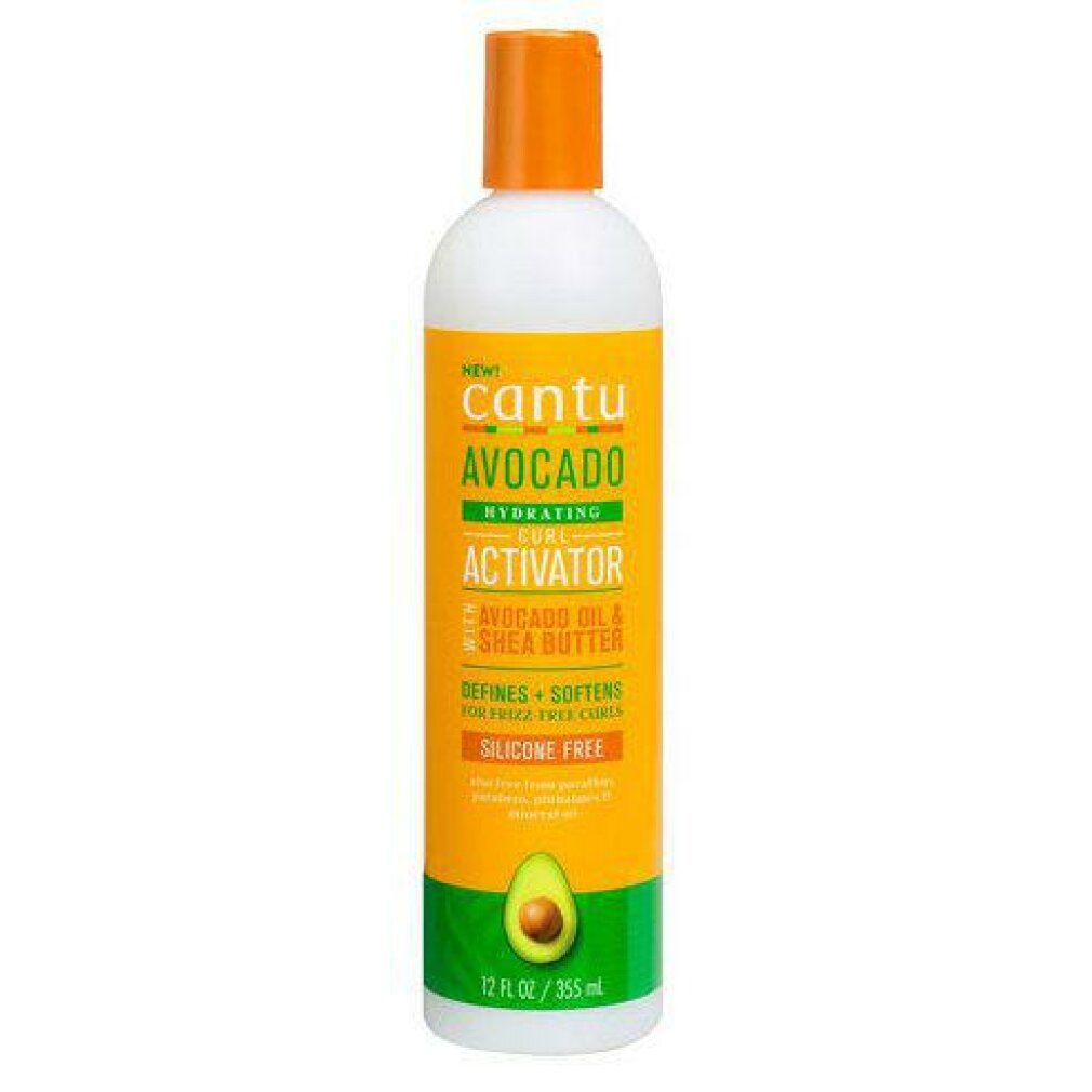 Cantu Avocado Curl Activator Flasche. Gelb-grünes Etikett mit Produktnamen und Avocado-Illustration. Orangefarbener Deckel.
