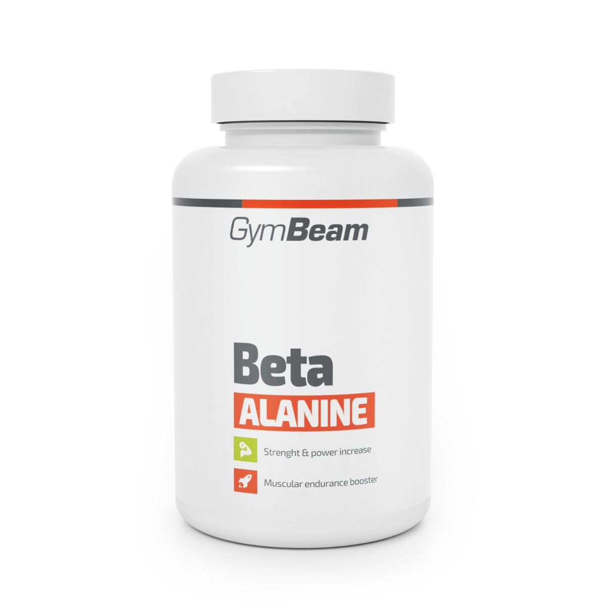 GymBeam Beta Alanine Behälter mit weißem Deckel. Beschriftung zeigt "Beta ALANINE" und "Strength & power increase".