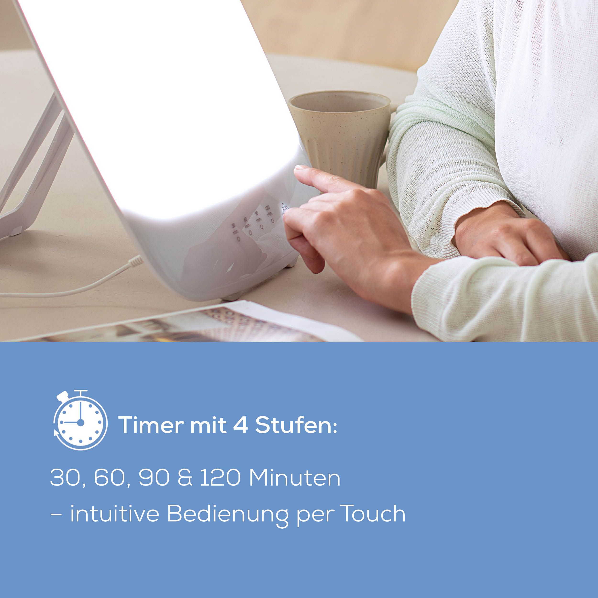 Nahaufnahme der Bedienelemente der Tageslichtlampe. Text: Timer mit 4 Stufen: 30, 60, 90 & 120 Minuten.