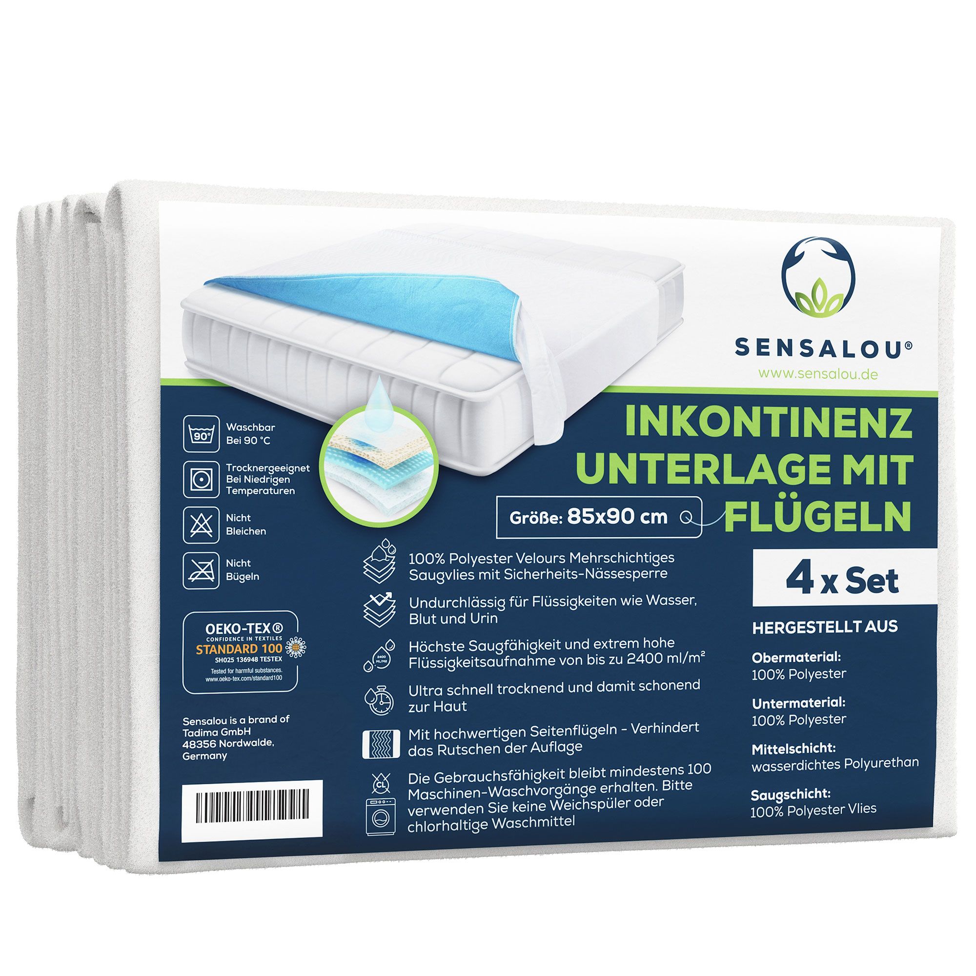 Verpackung von Sensalou Inkontinenz Unterlage mit Flügeln. Produktname, Größe 85x90 cm und 4er Set. Oeko-Tex Standard 100.