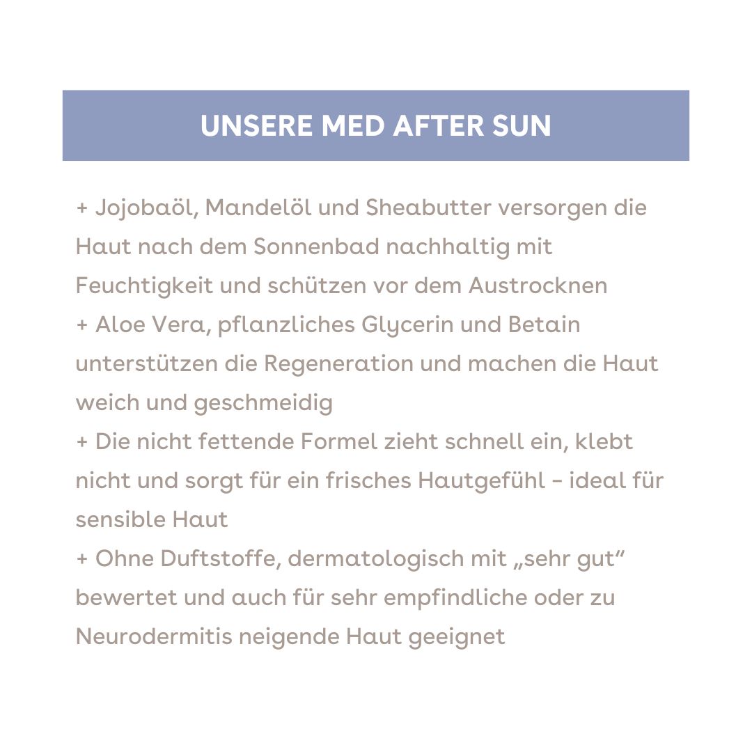 Text auf weißem Hintergrund: Informationen über med after sun. Inhaltsstoffe, Eigenschaften.