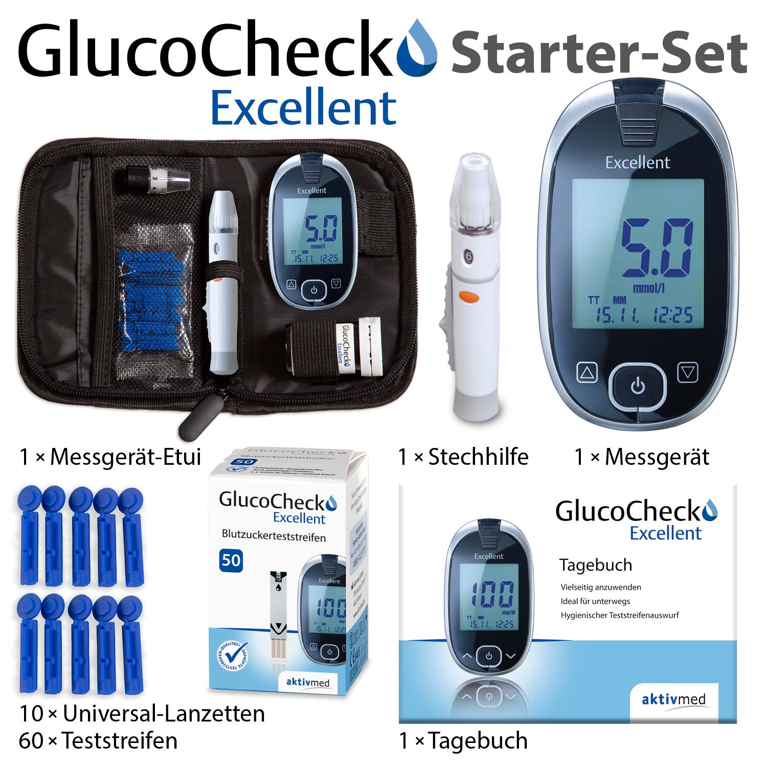 GlucoCheck Excellent Mess-Set (mmol/L) zur Blutzuckerkontrolle mit 60 Streifen