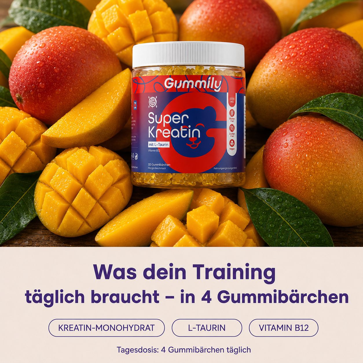 Gummily Super Kreatin Gummibärchen neben frischen Mangoscheiben und ganzen Mangos.