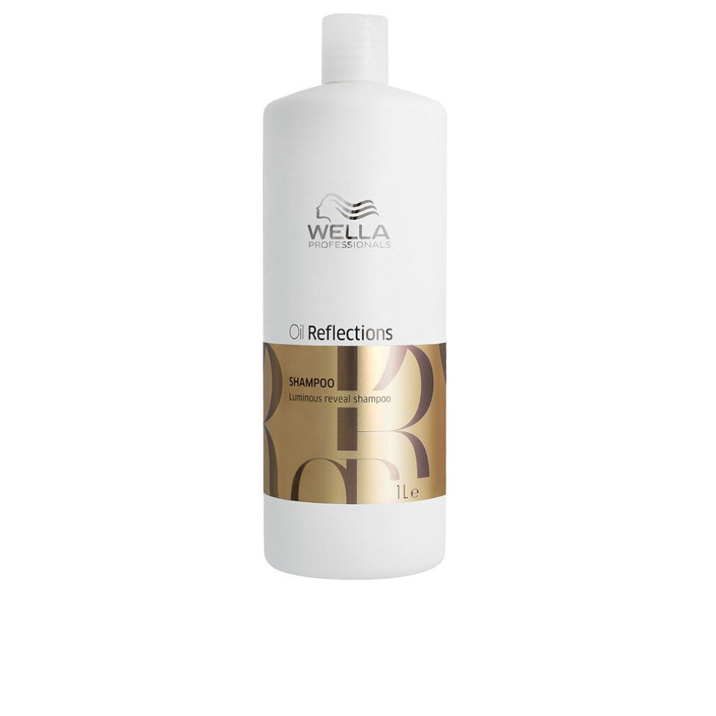 Weiße Shampoo-Flasche mit goldfarbenem Etikett. Aufschrift: Wella, Oil Reflections, Shampoo, 1l.