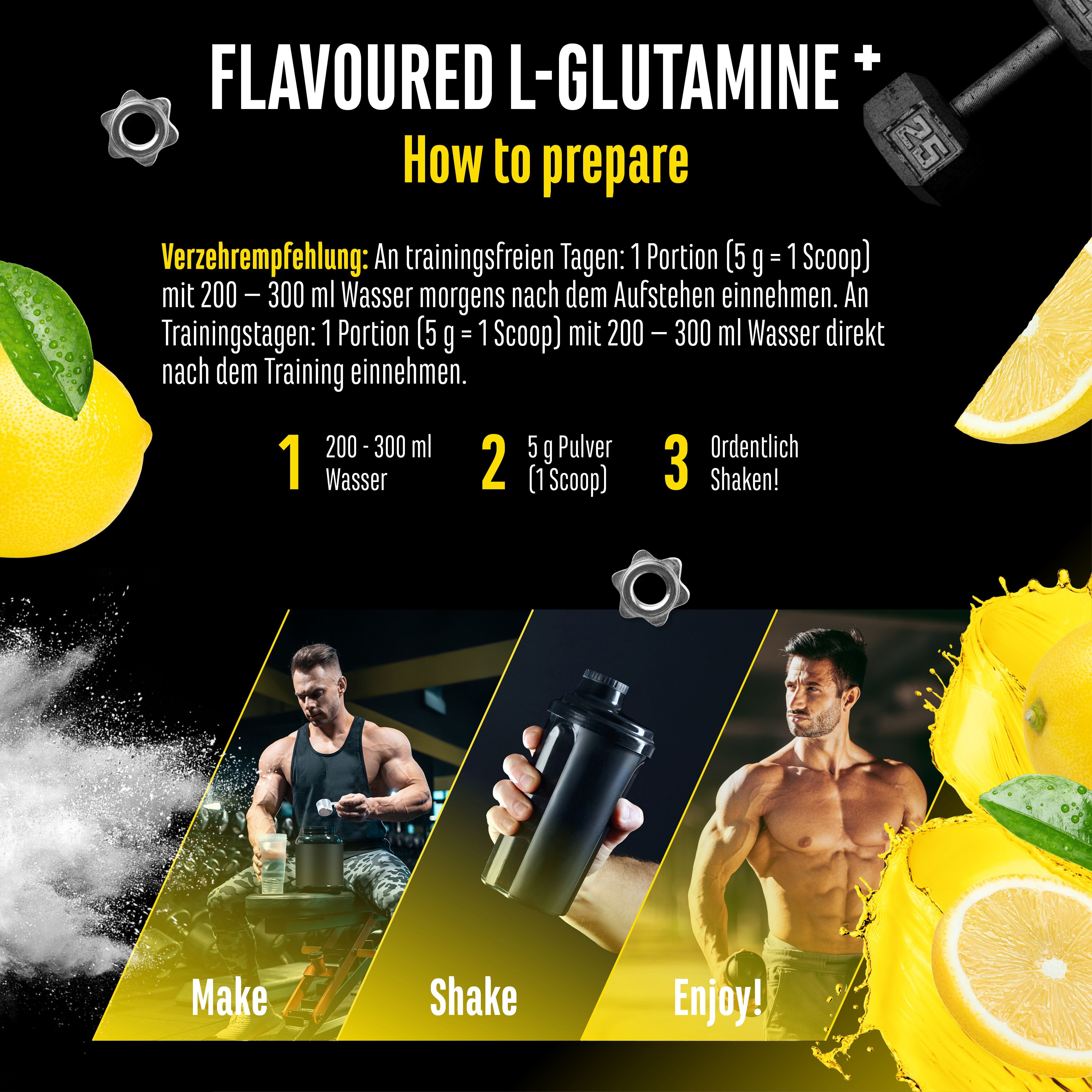 Anleitung zur Zubereitung von GEN L-Glutamine+. 1. Wasser. 2. Pulver. 3. Schütteln. Zitrone.