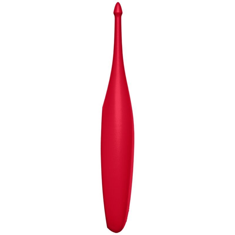 Roter Vibrator, längliche Form mit spitzem Ende. Glatte Oberfläche, tropfenförmig.