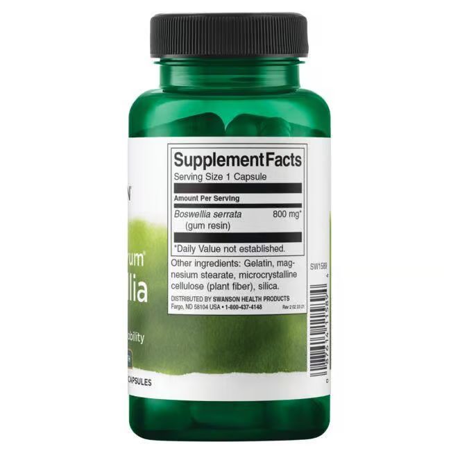 Rückseite einer grünen Flasche. Etikett mit Nährwertangaben: Boswellia serrata 800 mg.