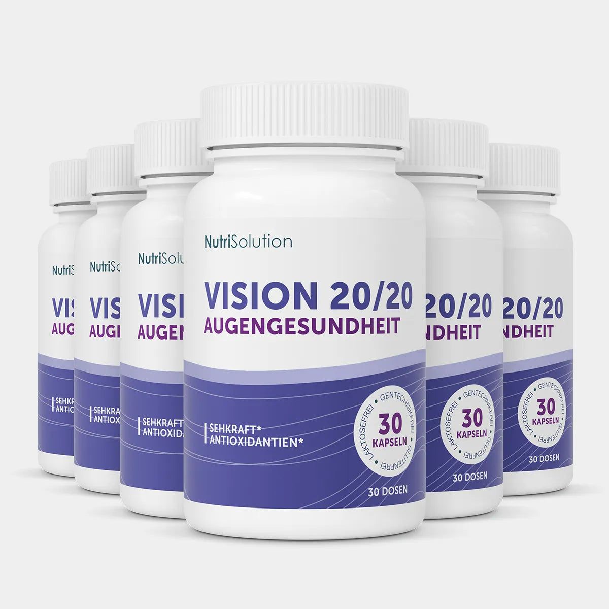 Sechs Flaschen NutriSolution Vision 20/20 Augengesundheit, eine vorne.